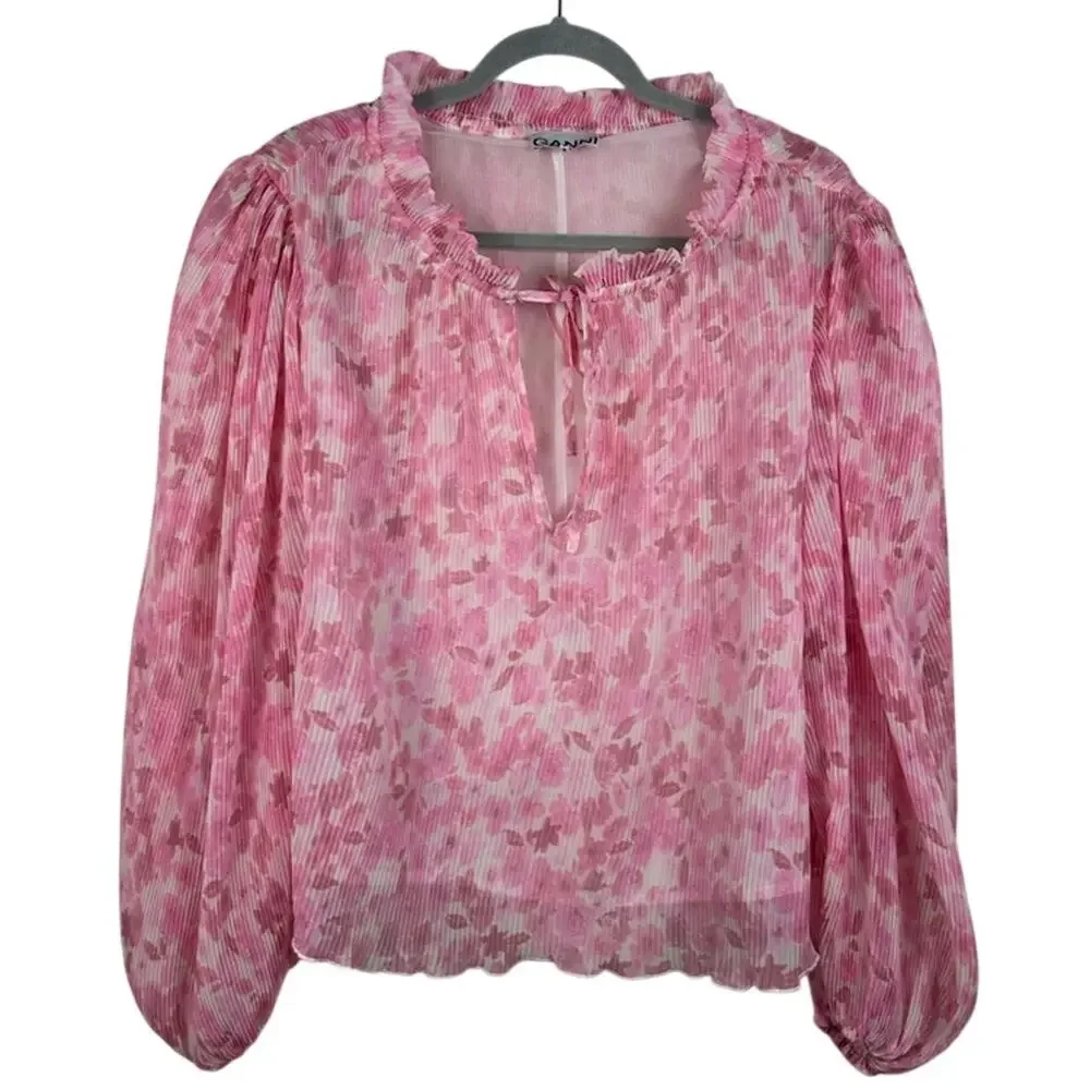 GANNI Pleated Pink Floral Blouse Balloon Sleeve Size 36 Romantic Scandi Style - Picture 11 of 11